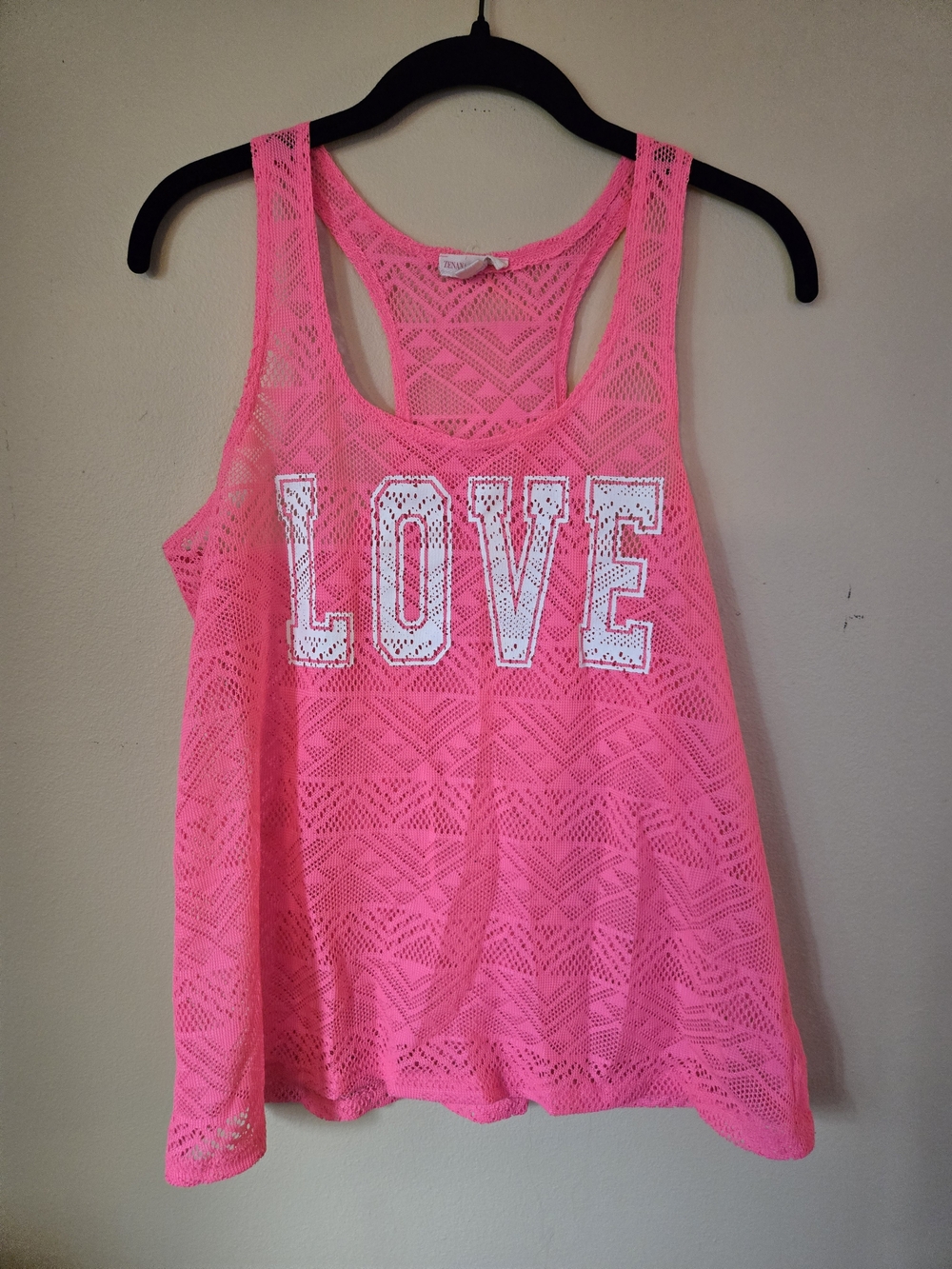 Zenana Outfitters Neon Pink Lace Racerback Tank with LOVE Graphic